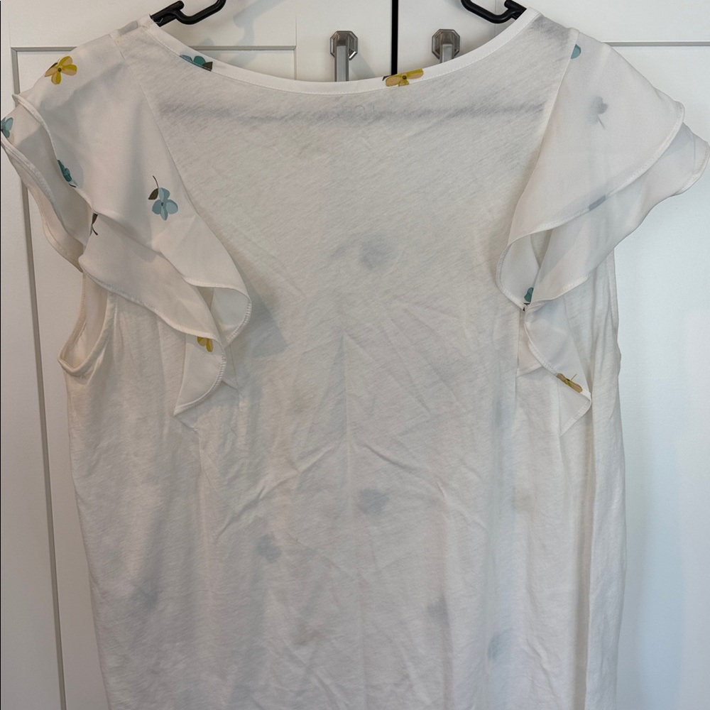 LOFT White Floral Ruffle-Sleeve Blouse with Teal & Yellow Accents - Picture 4 of 5